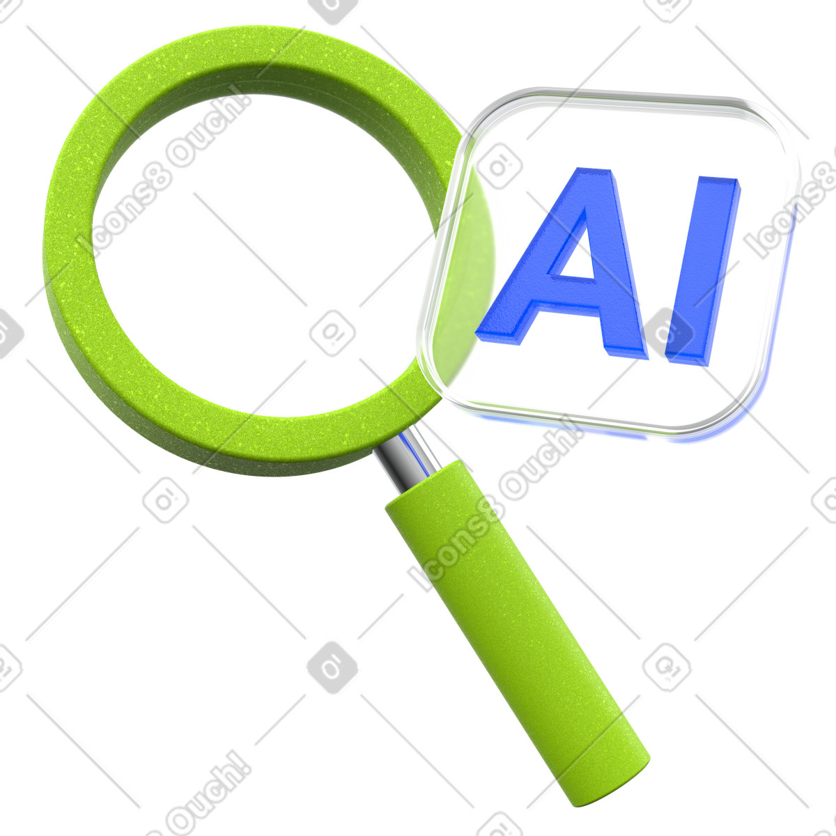 AI search tool, Green magnifying glass with label, Smart discovery illustration in 3D Enterprise style download in PNG, SVG