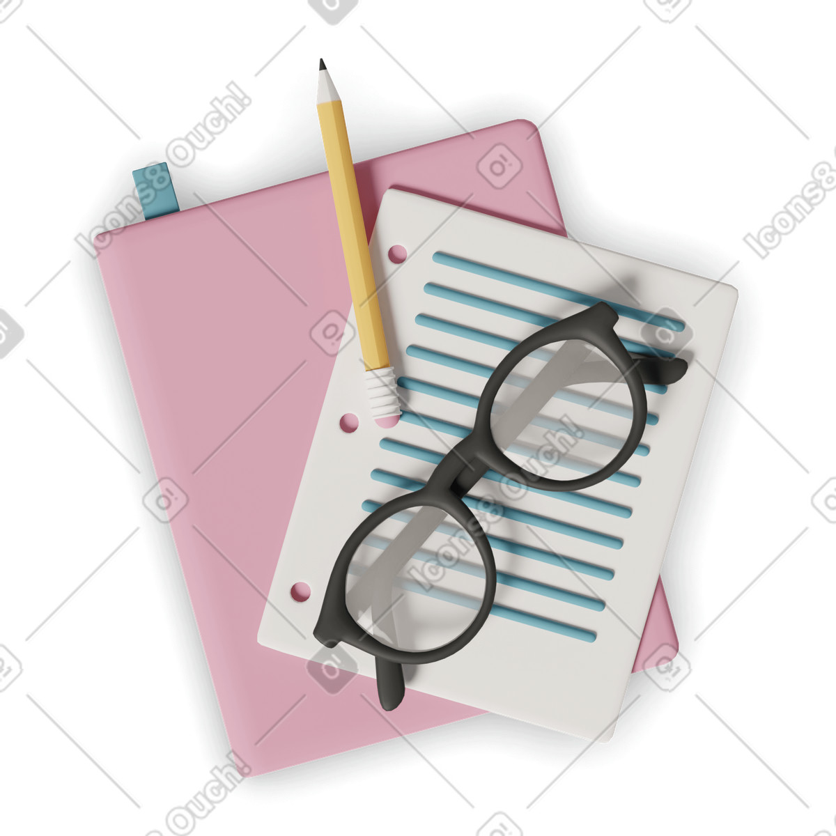 Notebook with glasses and pencil illustration in 3D Casual life style download in PNG, SVG