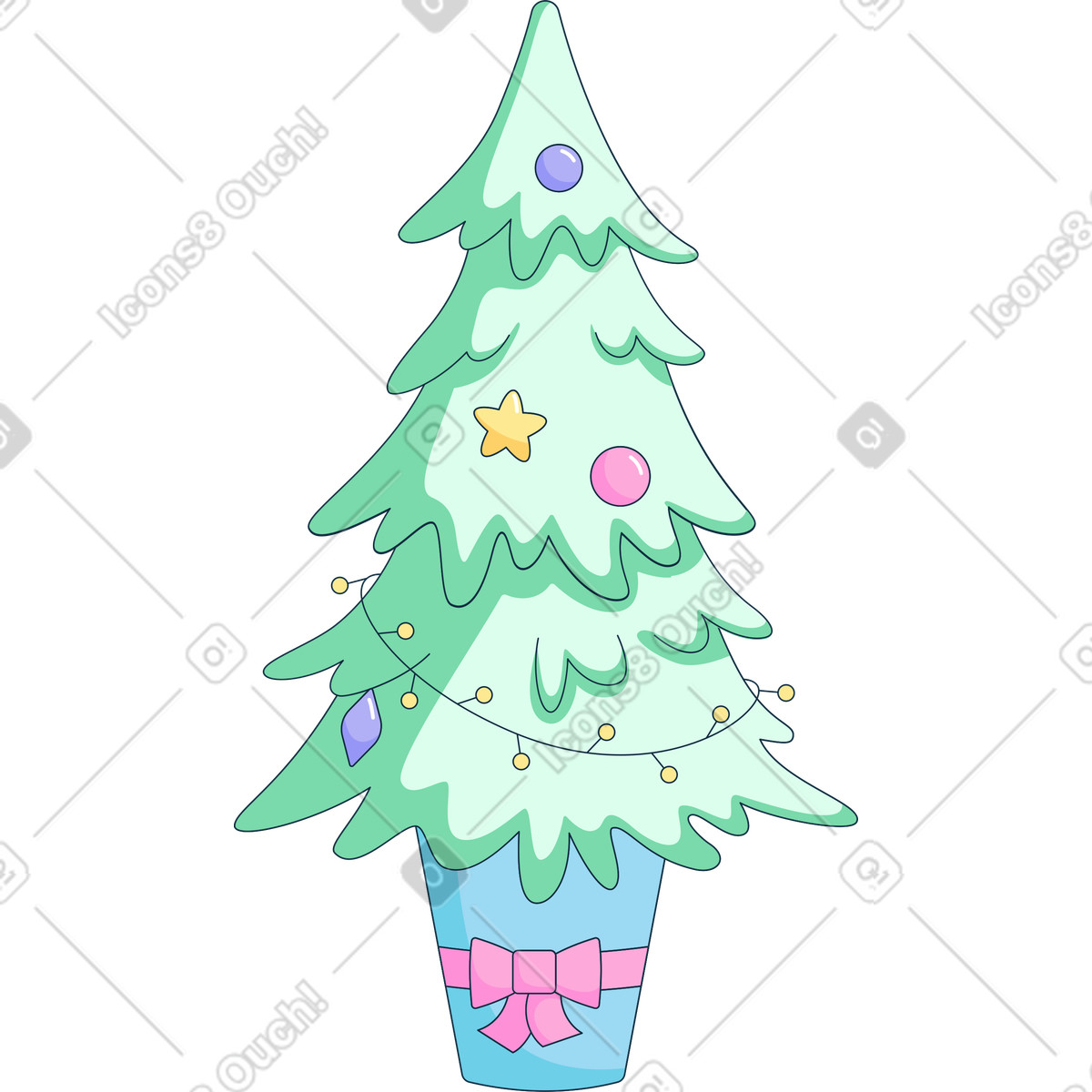 Ilustração de Árvore natal decorada com bolas e luzes em no estilo Bubble gum para baixar em PNG, SVG