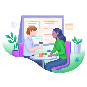 A modern pastel illustration depicting two coworkers engaged in a casual conversation over coffee. One coworker has short brown hair and is wearing a light blue shirt, while the other has long black hair and is dressed in a green sweater. They are seated at a small round table with two coffee mugs in front of them. Behind them, a bulletin board displays colorful notes and reminders, and a potted plant sits in the corner of the break room. The atmosphere is relaxed and inviting, with soft lighting enhancing the cozy environment.