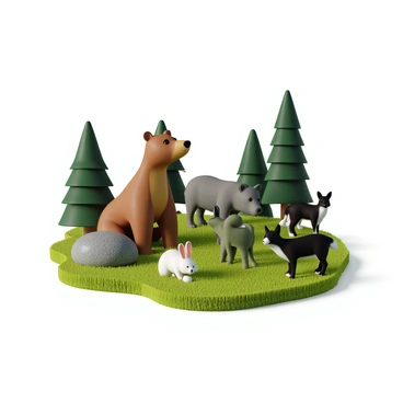 A collection of solid-colored forest animals gathered in a clearing. There is a solid brown bear sitting on its hind legs, a solid gray wolf standing alert with its ears perked up, and a solid white rabbit nibbling on some grass. Nearby, a solid green deer is grazing peacefully, while a solid black fox lounges on a sunlit rock. The animals are positioned around a patch of vibrant green grass, with trees forming a natural border around the clearing. The atmosphere is lively, showcasing the diverse shapes and sizes of the forest animals.