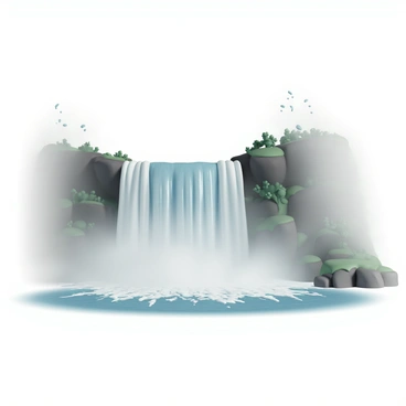 A powerful waterfall, with water flowing rapidly over rocky cliffs, creates a stunning display as it cascades into a mist-covered pool below. The water is frothy and white as it crashes down, sending droplets into the air that create a shimmering mist around the base. Surrounding the waterfall, lush green foliage and moss-covered stones are visible, enhancing the natural beauty of the scene. The mist rises gently, partially obscuring the view of the pool, which reflects the light and adds a sense of tranquility to the dynamic movement of the water above.