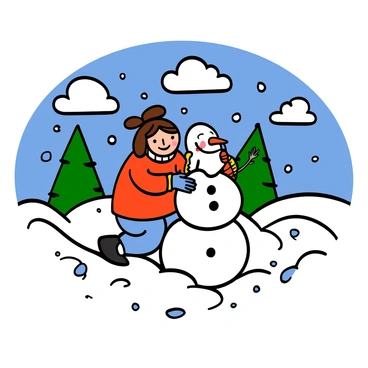A girl with light skin and long brown hair is joyfully building a snowman in a snowy landscape. She is wearing a red winter jacket, blue pants, and colorful gloves. Around her, the ground is covered in thick white snow, and snowflakes gently fall from the sky. The snowman she is constructing is adorned with a carrot nose and buttons made from small stones. In the background, there are snow-covered trees and a bright blue sky peeking through fluffy clouds. Tracy is smiling, enjoying her time in this winter wonderland.