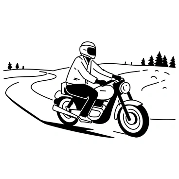 A motorcycle rider wearing a helmet is cruising down a winding country road. The rider is dressed in a leather jacket and gloves, with the motorcycle being sleek and powerful in design. The road is flanked by tall trees and fields, with a clear sky above. The rider leans slightly into the turn, showcasing the motion and thrill of the ride.