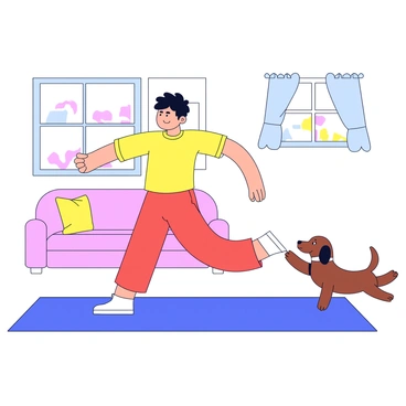 A person is performing reverse fly exercises at home, standing with a slight bend at the waist and arms extended out to the sides. The individual is wearing comfortable workout clothes in a bright color. A playful pet, a small brown dog with floppy ears, is energetically jumping around the person's feet, trying to catch their attention. The background features a simple, uncluttered living room with a yoga mat on the floor and soft sunlight coming through a nearby window.