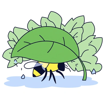 A lone hornet with distinct yellow and black stripes huddled under a large green leaf. The leaf provides shelter from the rain, with visible water droplets collecting on its surface. Raindrops are seen falling around the hornet, creating small splashes on the ground below. The background is a blurred mix of green foliage, emphasizing the focus on the hornet and the leaf.