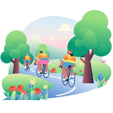 A group of cyclists is riding along a winding path through a vibrant landscape. The cyclists are of diverse appearances, wearing bright cycling gear, and are positioned in dynamic poses as they pedal forward. Surrounding them are lush green trees with thick trunks and expansive canopies. The path is lined with an array of colorful flowers in full bloom, including red poppies, yellow daisies, and bluebells, creating a vivid contrast against the greenery. The sky above is a soft gradient from light blue to pastel pink, adding warmth to the scene.