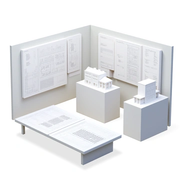 A modern gallery showcasing a variety of architectural models in different scales. The display features intricate white models of buildings with detailed facades and design elements. Surrounding the models are large blueprints elegantly laid out on sleek, minimalistic tables. The blueprints are filled with precise lines and annotations, displaying various architectural plans. The gallery has bright, even lighting that highlights the textures of the materials, while the walls are painted in a neutral color to enhance the visual appeal of the models and blueprints.