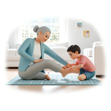 A grandparent, with gray hair tied back in a loose bun, wearing a light blue cardigan and comfortable gray pants, is sitting on the living room floor, demonstrating a calf stretch. Next to them, a young child, wearing a bright red t-shirt and navy shorts, mimics the stretch with focused concentration. The living room is cozy, featuring a patterned rug, a soft sofa in the background, and a few family photos on the walls. Sunlight filters through the window, illuminating the scene and highlighting their shared moment of activity.