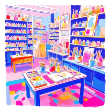 An art supply store is filled with shelves lined with various colored paints in jars and tubes. There are brushes of different sizes and shapes displayed in a large glass jar. Canvases of various sizes are propped up against the wall. The floor is covered with a vibrant patterned rug. A few tables are set up with open sketchbooks and pallets of mixed colors. The atmosphere is lively with bright colors and an array of art tools visible throughout the space.