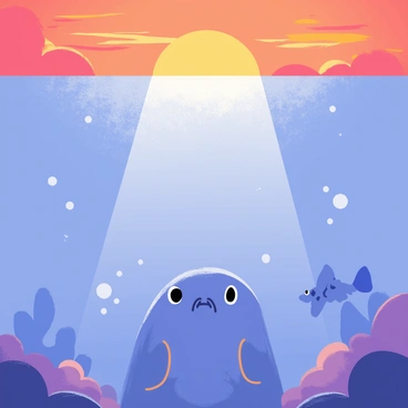 A blobfish with a rounded, soft body is positioned in the foreground, looking up towards the surface of the water. The water is a vibrant blue, with warm orange, pink, and purple colors filtering through from a stunning sunset above. Bubbles surround the blobfish, adding texture to the scene. The light creates a shimmering effect on the water's surface, while the silhouettes of small fish can be seen swimming nearby, enhancing the underwater atmosphere.