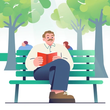 A younger version of Stalin with light brown hair and a defined mustache is seated on a green park bench. He is wearing a casual, button-down shirt in a light shade and dark trousers. In his hands, he holds a book with a red cover, and he is intently reading it. Surrounding him are tall trees with lush green leaves, and a few people can be seen in the background enjoying the park. A gentle breeze is rustling the pages of the book, and dappled sunlight filters through the branches above.