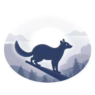 A silhouette of a pine marten is positioned prominently in the foreground. The animal is standing on a branch, its body slightly hunched, with its bushy tail curled behind it. The background features a large setting sun, partially visible, casting a sprawling halo of light across the horizon. The sky is filled with a gradient of light and dark tones, providing a stark contrast to the silhouette. The pine marten's ears are perked up, adding to its alert appearance as it gazes into the distance.