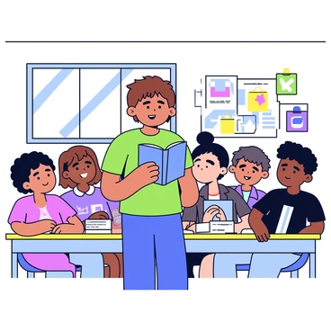 A student standing at the front of a classroom, holding a book of poetry. The student has short brown hair and is wearing a green t-shirt. The classroom is filled with students sitting at their desks, all attentively watching the student. The walls of the classroom are adorned with colorful educational posters. A large window lets in bright sunlight, illuminating the scene. The expression on the faces of the classmates shows engagement and interest in the reading.