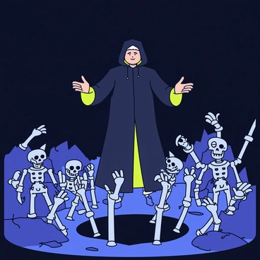 A necromancer stands in a dark cavern, surrounded by jagged rocks and shadows. He is cloaked in a flowing black robe with a hood that obscures his face. In front of him, the ground is cracking open as numerous skeletons rise up, their bony hands reaching towards the necromancer. The skeletons are adorned with old, tattered armor and some hold weapons like swords and shields. A faint, eerie glow emanates from the necromancer's outstretched hands, illuminating his surroundings with a greenish light. The cavern walls are rough and uneven, adding to the ominous atmosphere.