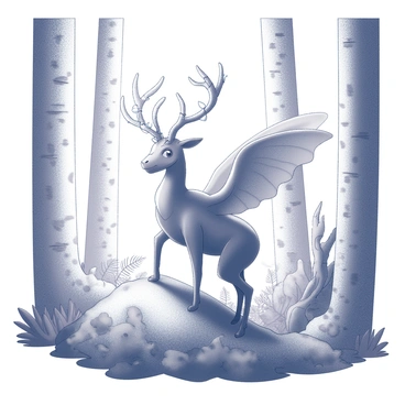 A mystical creature with leafy wings gracefully extended. The creature has large, intricate antlers adorned with vines and small leaves. It stands on a bed of lush green foliage, surrounded by tall trees with textured bark. Sunlight filters through the canopy, casting dappled shadows on the forest floor. The background features a variety of plants and ferns, enhancing the natural ambiance of the scene.