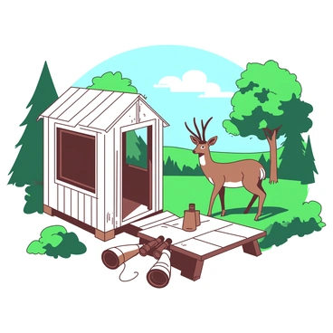 A white wildlife observatory hut is nestled among green trees, with a wooden structure and a small porch. Inside the hut, a pair of binoculars rests on a wooden table, focused on a roe deer standing elegantly in a sunlit clearing. The roe deer has a rich brown coat and large, attentive eyes. The background features a vibrant mix of greenery and the soft light filtering through the trees, creating a peaceful atmosphere. The scene captures the essence of wildlife observation in nature.