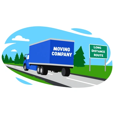 A large, bright blue moving truck is traveling along a straight highway. The truck features bold white lettering that reads "Moving Company" on its side. In the background, a clear blue sky is visible with a few fluffy white clouds. To the right of the truck, there is a green highway sign that indicates long-distance travel, displaying the words "Long Distance Route" in white letters. The highway is lined with green trees and a few patches of grass, accentuating the sense of travel.