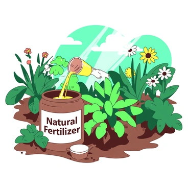 A bright garden scene features various lush green plants flourishing in well-tended soil. In the foreground, there is a large container with a label that reads "Natural Fertilizer". Next to the container, a person wearing gardening gloves is pouring a yellow liquid, identified as palm oil, onto the soil around the plants. Sunlight filters through the leaves, creating dappled light patterns on the ground. In the background, colorful flowers bloom vibrantly, adding to the tranquil atmosphere of the flourishing garden.