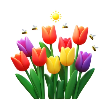 A garden filled with vibrant tulips in various colors like red, yellow, and purple. The tulips are fully bloomed and creating a lively scene. Several bees are buzzing around, actively pollinating the flowers. The sun casts warm light over the garden, highlighting the bright petals and the busy activity of the bees as they flit from flower to flower.