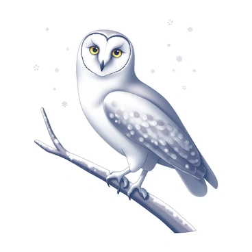 A snowy owl perched on a branch, its feathers blending with the snow