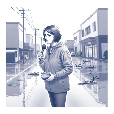 A reporter is standing on a flooded street, wearing a waterproof jacket and holding a microphone. The street is submerged in water, with debris scattered around, including broken branches and remnants of furniture. In the background, buildings are partially obscured by the high water level, showcasing the aftermath of the tsunami. The reporter's expression is focused and serious as they deliver the news, with water reflections creating a stark contrast against the scene. The sky appears overcast, adding to the somber atmosphere.