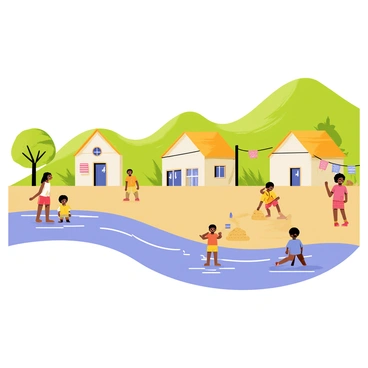 A small village with thatched-roof huts is nestled beside the "Congo River." The river is wide and flows gently, reflecting the sunlight. Children are playing at the water's edge, splashing and laughing as they play games. Some children are building small sandcastles on the riverbank, while others are wading in the shallow water. Nearby, a few trees provide shade, and colorful fabrics are hanging out to dry. In the distance, lush green hills rise, completing the tranquil scene.