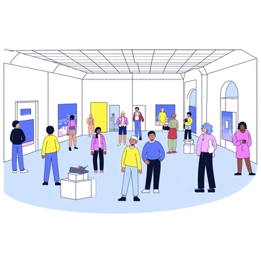 A modern art museum interior with a clean, open layout featuring white walls and polished concrete floors. Visitors are scattered throughout the space, some standing in front of large abstract paintings, while others are engaged in conversation. Sunlight streams through expansive windows, illuminating the vibrant colors of the artwork. Several sculptures are displayed on pedestals, adding dimension to the area. The visitors vary in age and attire, showcasing a diverse crowd.