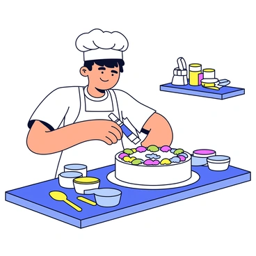 A baker wearing a white apron and a chef's hat is carefully decorating a round cake. The cake is covered in smooth white fondant. The baker is using a pastry bag to pipe colorful icing, creating intricate floral designs and patterns along the sides of the cake. Surrounding the baker are various baking tools, including spatulas, a cake turntable, and containers of vibrant icing in different colors. A bright kitchen counter with baking supplies can be seen in the background.