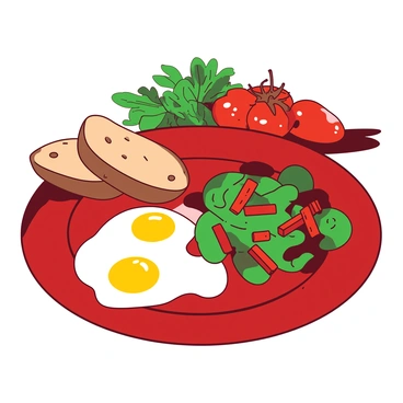A red plate is filled with a delicious breakfast spread. There are two sunny-side up eggs with perfectly cooked whites and bright yellow yolks. Next to the eggs, vibrant green spinach and diced red bell peppers are sautéed, adding a fresh aspect to the meal. A slice of rustic brown bread, lightly toasted, rests beside the vegetables. The background features more vegetables, such as ripe tomatoes and fresh herbs, suggesting they were sourced from a local farm. The overall composition creates a bountiful and appetizing breakfast scene.