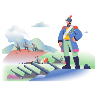 A man dressed in a military uniform with a bicorne hat is standing confidently on a hill, overseeing a regiment of artillery positioned on a battlefield. He has a determined expression, with a well-groomed beard and a sash across his chest. In the foreground, several large cannons are lined up, each manned by soldiers in matching uniforms, working diligently to prepare for firing. Smoke is rising in the distance, indicating the chaos of battle. The sky is filled with clouds, casting shadows over the scene, while the ground is rugged and uneven, scattered with debris from previous skirmishes.