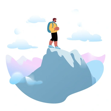 A hiker is standing tall at the peak of a rugged mountain. The hiker is wearing a bright colored jacket and has a backpack slung over one shoulder. The scene captures the dramatic landscape of mountains and valleys below, with fluffy clouds drifting slowly in the sky, creating a serene atmosphere. The sunlight casts a warm glow over the scene, enhancing the colors of the mountain and the sky.