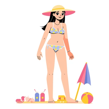 A young anime girl wearing a colorful swimsuit stands in a bright, sunny environment. She has long, flowing hair that cascades down her back. On her head, she wears a large, stylish sunhat with a wide brim, equipped to shield her from the sun's rays. The girl has a cheerful expression on her face, and she is standing next to a beach towel and a small beach umbrella. Around her, there are beach toys and a beach ball, contributing to the lively summer scene.