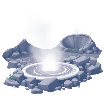 A hot spring gushing with steam, creating a swirling mist that rises into the air. The spring is surrounded by rocky terrain, with jagged edges hinting at volcanic activity. Nearby, a volcanic crater looms, its rugged walls marked by dark, uneven surfaces. Patches of vegetation cling to life in the harsh environment, contrasting with the rough landscape. The steam from the hot spring billows out, creating an ethereal atmosphere around the geothermal feature.
