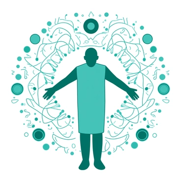 A teal figure stands in the center of the image, surrounded by a variety of intricate symbols and patterns that radiate outward. The figures' limbs are outstretched, and the symbols include circular shapes, geometric designs, and flowing lines that intertwine around the figure. The background is filled with a series of overlapping patterns, creating a sense of depth and movement. Each symbol glows softly, enhancing the overall sense of harmony and balance. The color contrast between the teal figure and the surrounding elements emphasizes the theme of equilibrium.