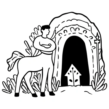 A centaur standing tall at the entrance of a mystical cave. The centaur has a powerful build, with a robust human torso and the lower body of a strong horse. Its arms are crossed, and it holds a sturdy spear upright next to its side. The cave entrance is adorned with intricate carvings that hint at ancient stories and mysteries within. Nearby, dense foliage surrounds the cave, giving an impression of a hidden realm. Shadows cast from the cave create a dramatic contrast against the centaur’s figure, emphasizing its role as a guardian of the secrets inside.