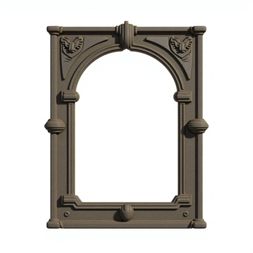 An ancient-looking frame with intricate designs inspired by medieval architecture. The frame features ornate stone textures that give it a weathered appearance. Heraldic symbols, such as lions and eagles, are embedded within the frame, adding to its historical significance. The overall shape of the frame is rectangular with a slight arch at the top, suggesting a royal influence. The details are finely carved, showcasing craftsmanship of the era.