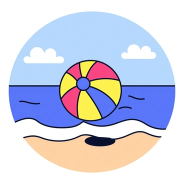 A beach ball with a vibrant pattern of red, yellow, blue, and green stripes is bouncing along the shoreline. The ball is in mid-air, showing motion as it rises above the wet sand. In the background, gentle waves lap at the shore, creating a subtle foamy edge. The sky above is bright blue with a few fluffy white clouds scattered across, indicating a sunny day. The sunlight casts soft shadows on the sand, enhancing the scene.