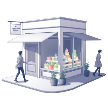 A small cake shop situated on a bustling street corner. The exterior features a charming door and large windows, showcasing an array of colorful cakes artfully displayed inside. The window display includes several tiers of cakes, each uniquely decorated with intricate frosting designs. People walk by, some glancing curiously at the vibrant cakes through the glass. The shop's sign hangs above the entrance, inviting passersby to step inside. A couple of potted plants flank the entrance, adding a touch of greenery to the scene.