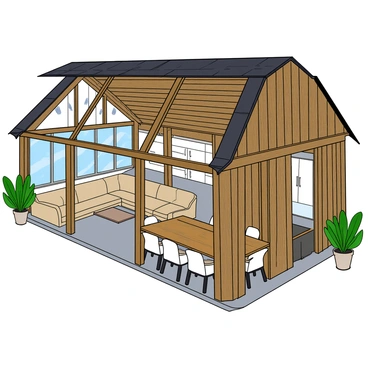 An old barn with weathered wooden beams and rustic charm, now transformed into a modern home. The barn's large glass windows dominate one side, allowing sunlight to flood the interior. Inside, there is an open concept living space featuring a sleek, minimalist kitchen with white cabinets and stainless steel appliances. A comfortable, plush sofa in a neutral tone sits invitingly in the living area, facing a contemporary coffee table. The floor is polished concrete, reflecting the bright light. Potted green plants are placed around the room, bringing a touch of nature inside. An elegant dining table made of reclaimed wood is set for six, contrasting with the modern decor.