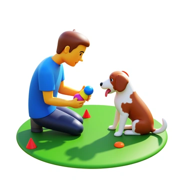 A trainer with short hair wearing a blue T-shirt is kneeling on a grassy field. The trainer is face to face with a small, fluffy puppy with brown and white fur. The puppy has bright, curious eyes and its tongue is slightly out, appearing eager to learn. The trainer is holding a colorful toy in one hand, encouraging the puppy to engage. Sunlight casts soft shadows around them, and there are a few scattered training cones in the background.