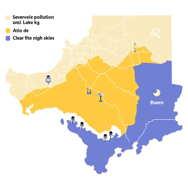 A detailed map showcasing various regions. The map features distinct color coding, with bright yellow zones indicating areas of "severe light pollution" and deep blue zones representing areas with "clear night skies." The borders of cities and towns are clearly marked, with small icons of streetlights and buildings in the light pollution areas. In contrast, the clear night sky areas are decorated with stars and a subtle illustration of a moon. A legend in the corner identifies the colors and their meanings, enhancing the clarity of the map.