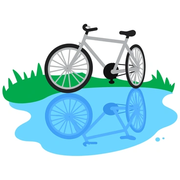 A clear puddle reflecting the scene above, capturing the image of bicycle spokes spinning in motion. The spokes are metallic and shiny, creating dynamic lines as they rotate. The surface of the puddle ripples slightly, distorting the reflections and adding a sense of movement. The surrounding environment features green grass peeking along the edges of the puddle, contrasting with the blue sky reflected in the water.