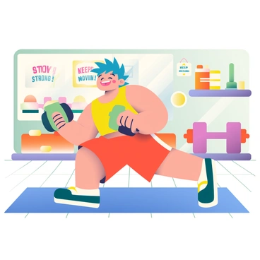 A cartoon character with a wide smile and exaggerated features is enthusiastically performing renegade rows in a brightly colored gym. The character has spiky blue hair and is wearing a vibrant yellow tank top and red shorts. They are in a dynamic pose on a blue exercise mat, with one arm extended holding a green dumbbell while the other arm is in a rowing position. The gym is filled with lively decorations, including orange and purple exercise equipment, and there are motivational posters on the walls featuring phrases like "Stay Strong!" and "Keep Moving!" The floor is a light wood color, adding to the bright atmosphere of the scene.