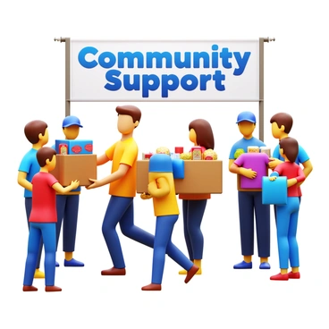 A student wearing a casual outfit, actively participating in a charity event. The student is holding a box full of donated supplies, smiling as they hand it to a family in need. The scene features a banner in the background with the words "Community Support" prominently displayed. Nearby, there are other volunteers engaging with children, handing out food and clothes. The atmosphere is filled with warmth and positivity, highlighting the impact of the scholarship that enables the student to contribute to the community.