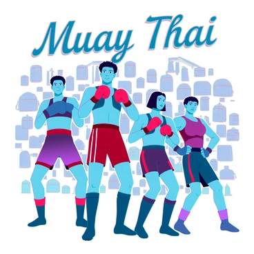 A vibrant illustrated collage showcasing legendary Muay Thai fighters throughout the ages. The composition features various fighters in dynamic poses, wearing traditional Muay Thai shorts and gloves. Each fighter represents a different era, with distinct styles and techniques. In the background, iconic elements of Muay Thai culture, such as the Wai Khru dance and traditional training equipment, are woven into the design. The fighters' expressions reflect determination and focus, highlighting the intensity of the sport. "Muay Thai Legends" is displayed prominently at the top in bold letters, encapsulating the spirit of the art.