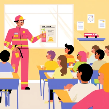 A firefighter wearing a bright red uniform stands at the front of a colorful classroom filled with eager children. The firefighter holds a fire extinguisher and points to a poster on the wall that illustrates fire safety rules. The children, a diverse group of boys and girls, are sitting at their desks with wide eyes, some raising their hands to ask questions. In the background, there are educational posters about fire safety and a small fire truck model on a shelf. The scene exudes enthusiasm and learning, with sunlight streaming through the windows.