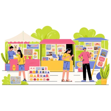 An artisan market set in a Southern location with vibrant colors and bustling activity. Several booths showcase a variety of handmade crafts, each adorned with intricate designs. "Handmade pottery" in earthy tones is displayed alongside "woven textiles" featuring bright patterns. Local artworks are hung on easels, showcasing "paintings of landscapes" and "abstract designs" with vivid hues. Visitors, dressed in casual summer attire, browse through the offerings, engaging in conversations with the artisans who are present, demonstrating their crafts. Lush greenery surrounds the market, adding to the warm, inviting atmosphere.