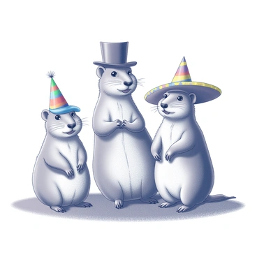 A group of prairie dogs stands together in a semi-circle, each wearing a different comical hat that adds to their playful demeanor. One prairie dog dons a tall top hat, while another sports a bright, oversized sombrero. A third prairie dog has a colorful clown wig attached to its head, complementing its small, party hat. The prairie dogs are positioned in front of a simple, textured background, their playful expressions evident as they look towards the viewer as if posing for a photo. Each prairie dog’s features are clearly defined, showcasing their round faces and curious eyes, creating an engaging and whimsical scene.