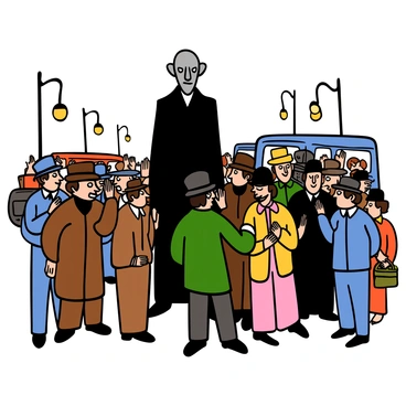 A tall, pale-skinned figure resembling "Nosferatu" is standing among a crowd of people in 1920s clothing. The crowd consists of men and women wearing hats, coats, and dresses typical of the era. The setting is bustling with activity, showcasing a lively street scene with vintage cars and lamp posts in the background. The overall tone of the image is sepia, giving it an aged appearance. Nosferatu has sharp features and a pointed nose, and he is looking intently at the crowd around him. The people nearby are engaged in conversation, with some glancing curiously at him.